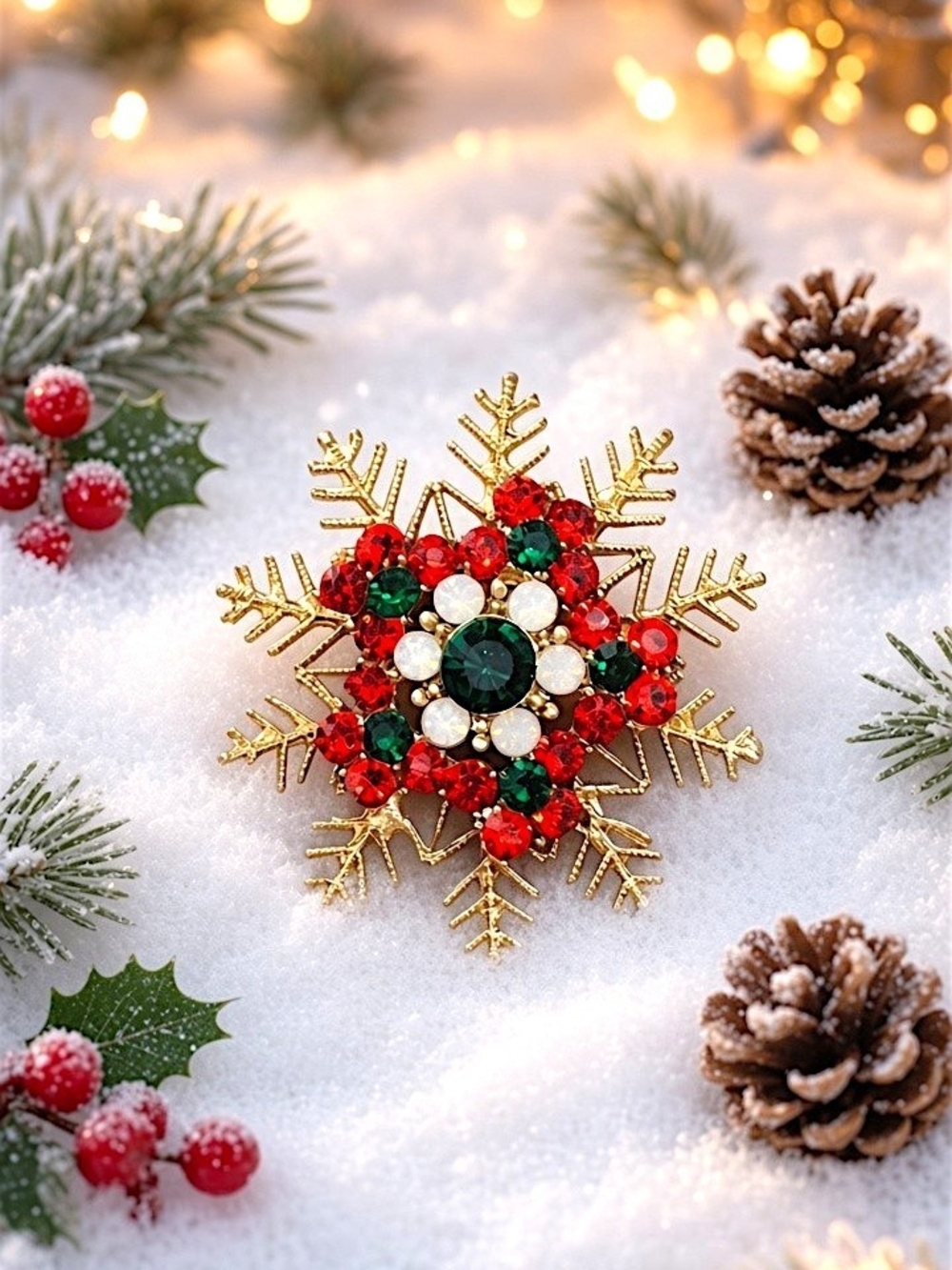 Festive Gold Snowflake Brooch with Red, Green & Pearl-like Crystals